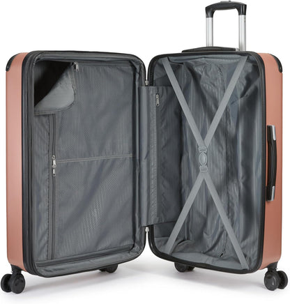 Amazon Basics Bagageset en Harde Buitenkant, 4-delig, Grote Koffer, Handbagagekoffer, Draagtas, Compacte Reistas, Uitbreidbaar, 4 Spinnerwielen, Roségoud