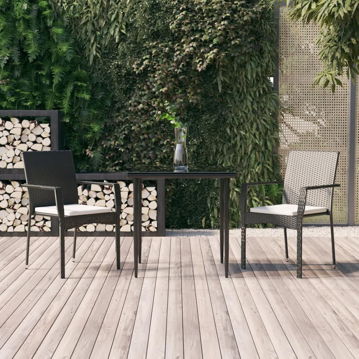 Tidyard Set of 3 Dining Room Garden Poly Rattan Black and Steel Glass Table Set 80 cm and 2 Chairs with Armrests for Outdoor, Table and Chairs for Garden, Patio, Outdoor - QUORE