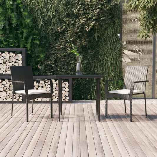 Tidyard Set of 3 Dining Room Garden Poly Rattan Black and Steel Glass Table Set 80 cm and 2 Chairs with Armrests for Outdoor, Table and Chairs for Garden, Patio, Outdoor - QUORE