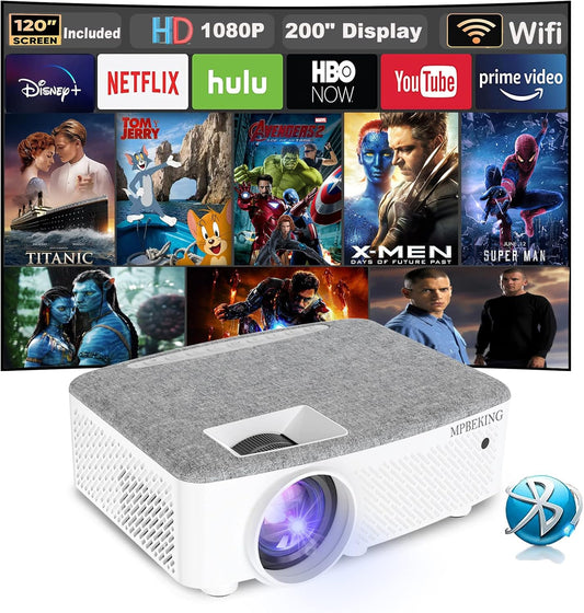 Beamer, wifi-beamer met 120 inch scherm, 7500 lumen WLAN Bluetooth beamer ondersteuning 1080p video, met hifi-luidspreker, compatibel met Fire Stick, smartphone, tablet