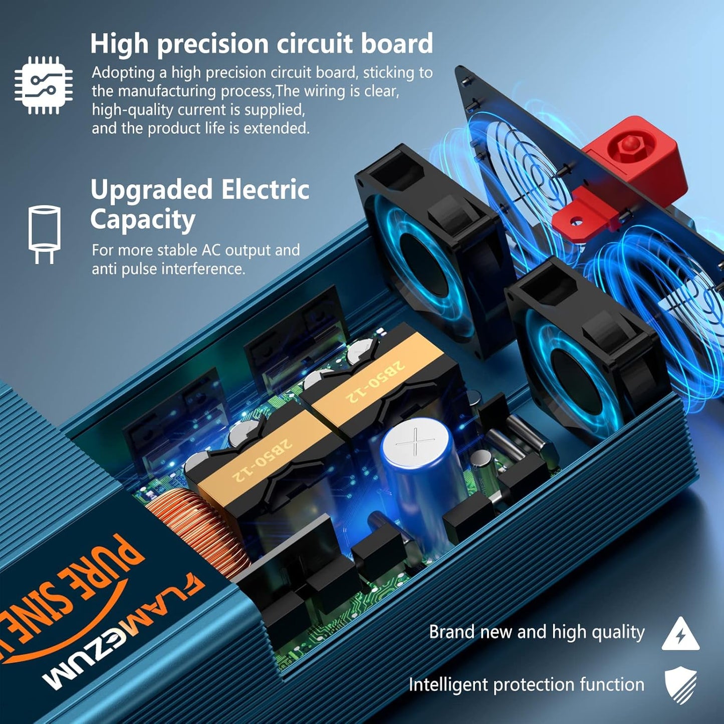Pure sinus omvormer, 12 V naar 230 V, 4000 W spanningsomvormer met afstandsbediening, LED-display, 2 EU-stopcontacten en 2 USB-aansluitingen voor caravan, boot, camping