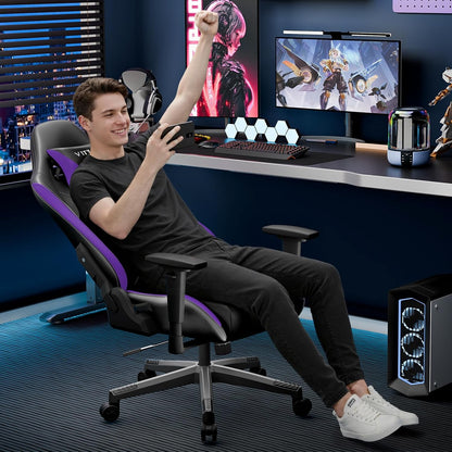 Ergonomische Gamingstoel – Gamerstoel – Bureaustoel – Gaming Stoel – Gamechair – In Hoogte Verstelbaar – 90-165° Kantelbare Rugleuning – Draaibaar 360° – Lila Variant – Met Hoofdsteun en Lendenkussen – Stevig Tot 150 kg