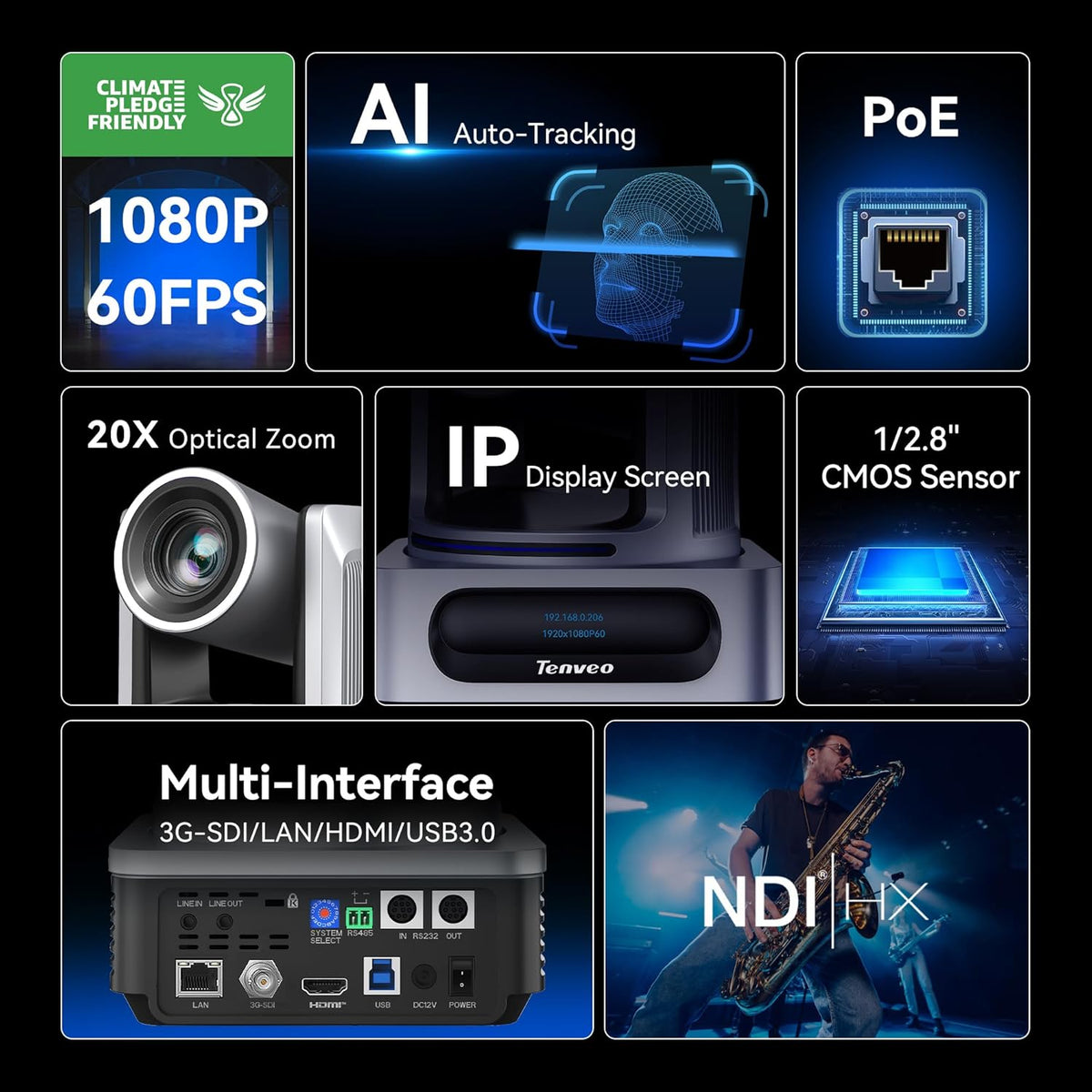 TEVO-VX20A-N-EU Tenveo NDI PTZ-camera met KI- menselijk & gezichtsauto-tracking, 20x optische zoom, 3G-SDI/HDMI/USB3.0/LAN(PoE) live streaming met Tally-licht & IP-display, voor live streaming