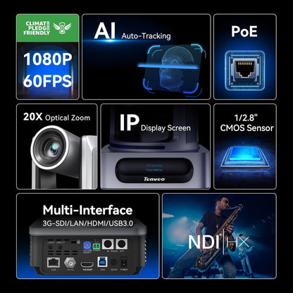 TEVO-VX20A-N-EU Tenveo NDI PTZ-camera met KI- menselijk & gezichtsauto-tracking, 20x optische zoom, 3G-SDI/HDMI/USB3.0/LAN(PoE) live streaming met Tally-licht & IP-display, voor live streaming