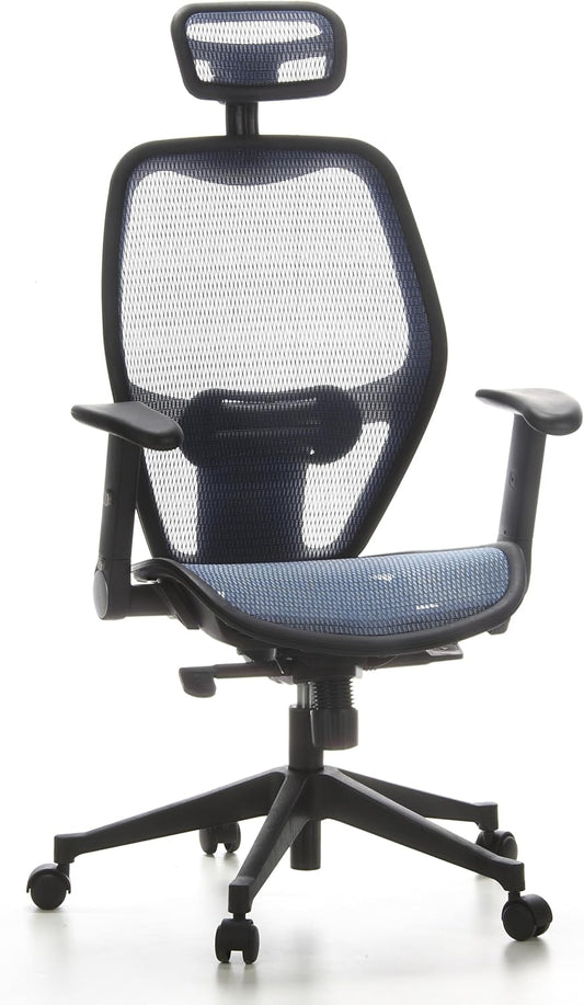 hjh OFFICE 653060 Professionele bureaustoel AIR-Port net blauw draaistoel met lendensteun, armleuningen inklapbaar en verstelbaar