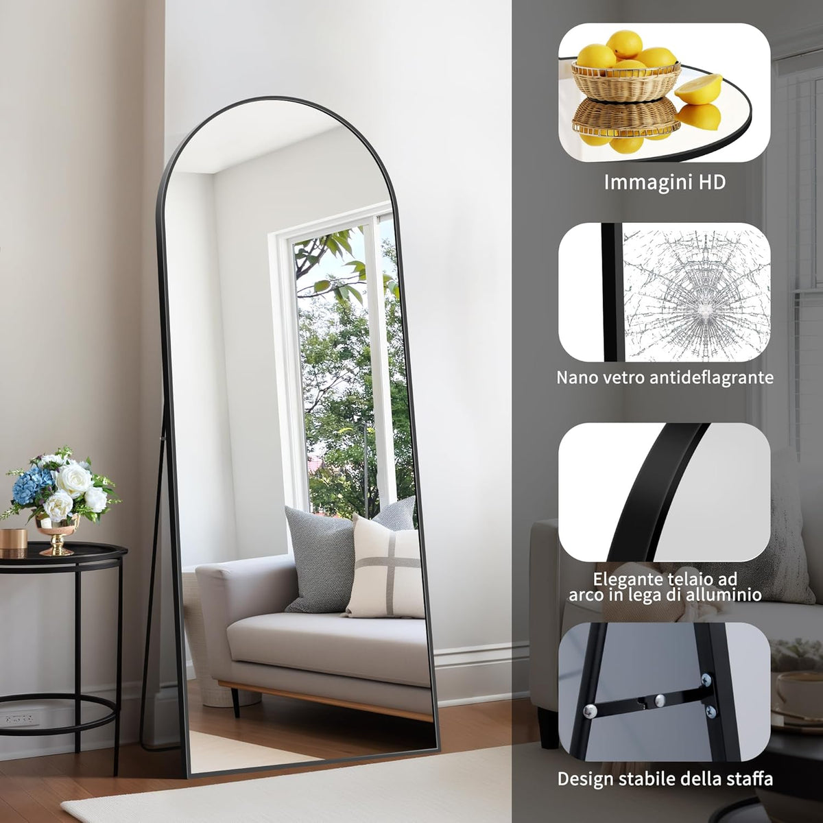 Gebogen spiegel – Vloerspiegel – Lichaamsspiegel – Staande spiegel – Full body spiegel – 165,1 x 61 cm – Aluminiumlegering frame
