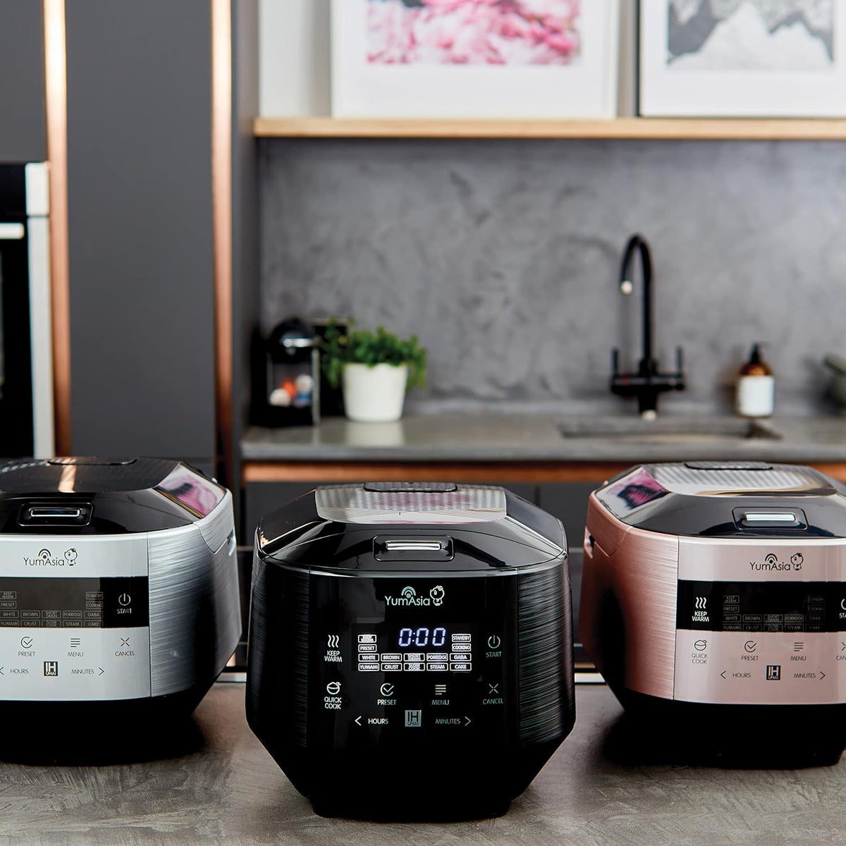 Yum Asia Bamboo rijstkoker met inductieverwarming (IH) en keramische schaal, 7 rijstkookfuncties, 4 multikookfuncties, Motouch led-display (1,5 liter) 220-240V Europa Power (antracietzwart)