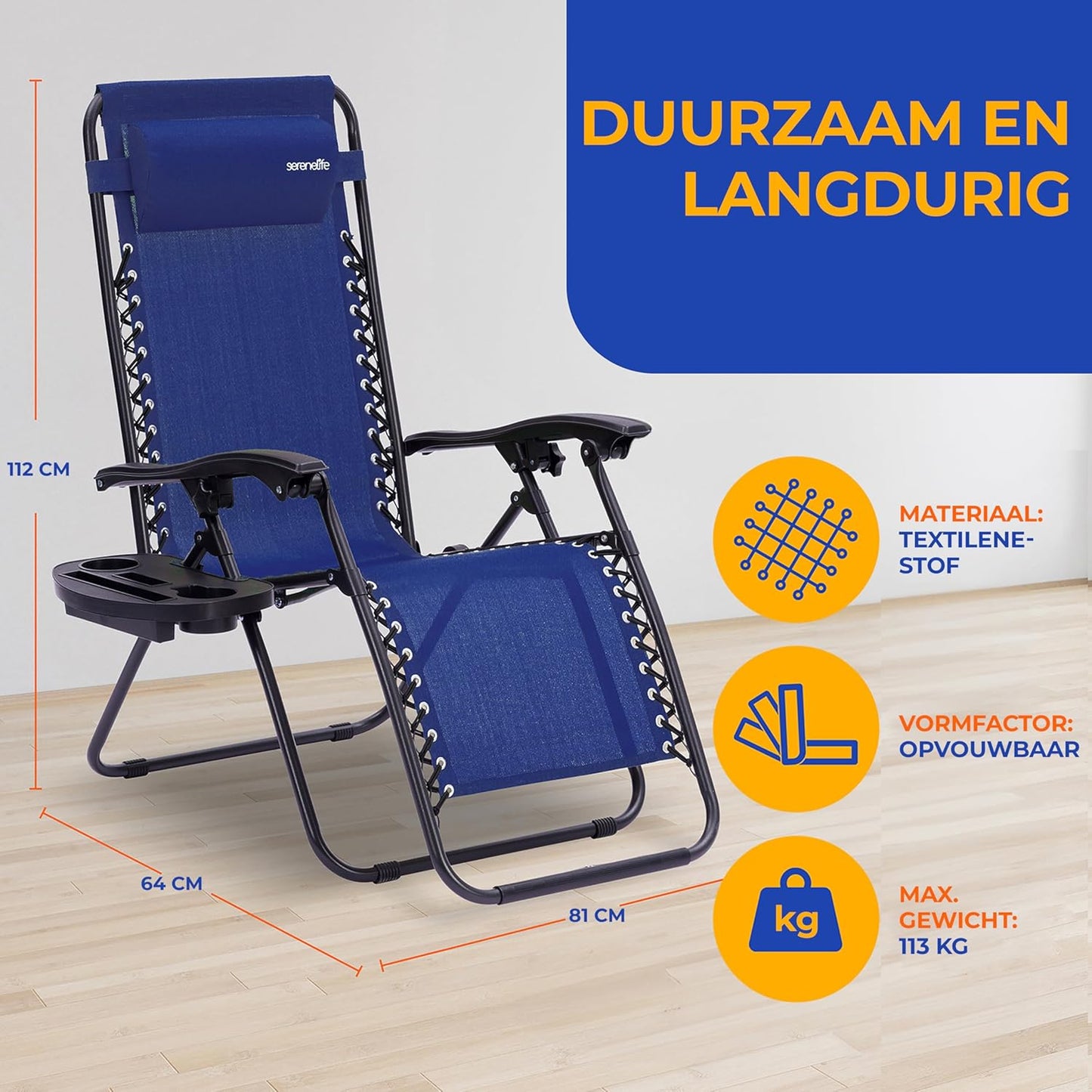 Serenelife Sun Lounger, Set of 2 Sun Loungers - Adjustable Garden Loungers with Side Table, Cup Holders, Removable Cushions - Foldable and Portable Lounge Chairs for Patio Garden Beach - Blue - QUORE