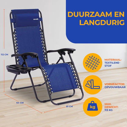 Serenelife Sun Lounger, Set of 2 Sun Loungers - Adjustable Garden Loungers with Side Table, Cup Holders, Removable Cushions - Foldable and Portable Lounge Chairs for Patio Garden Beach - Blue - QUORE