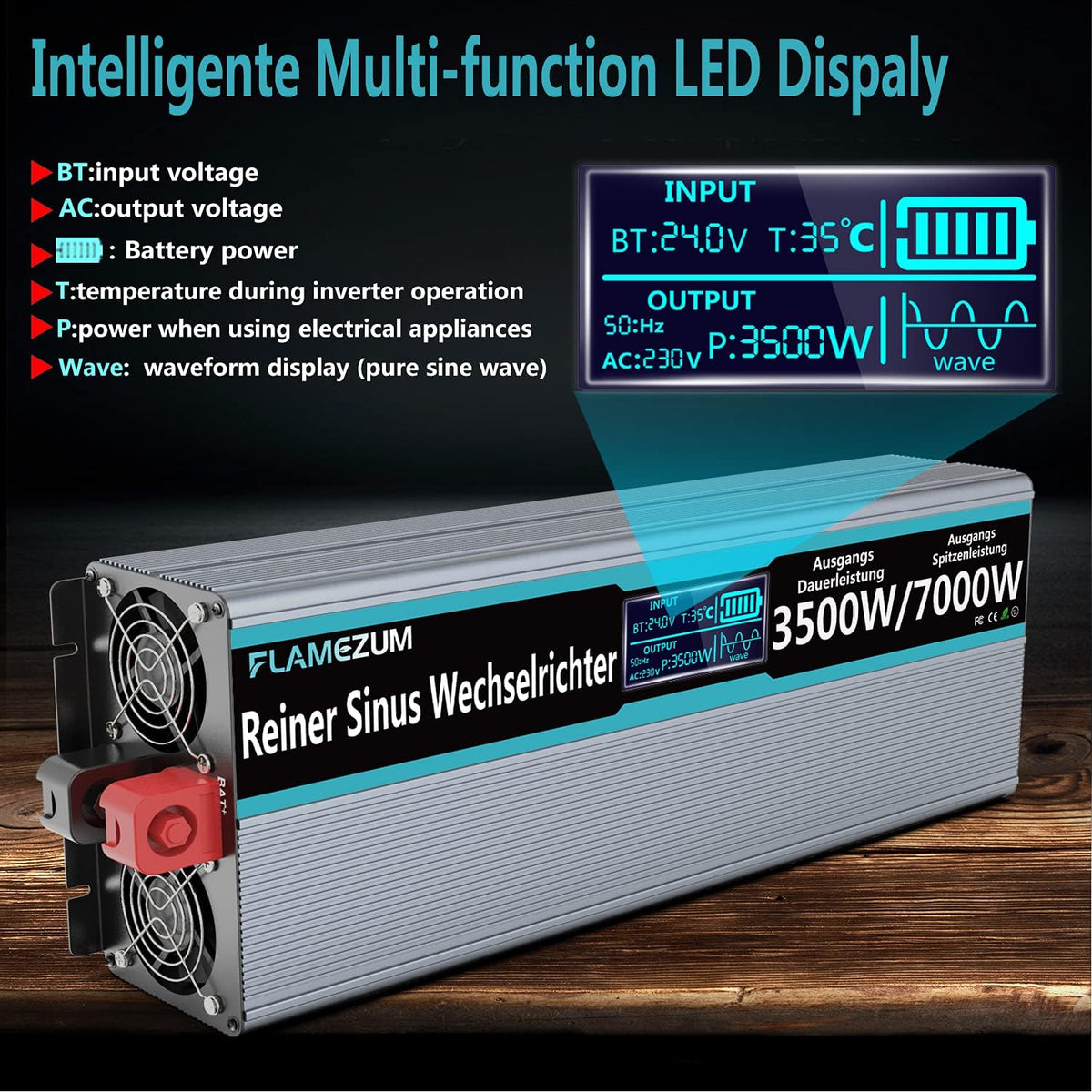 3500W Zuivere Sinus Omvormer 24V naar 230 V Spanningsomvormer Power Omvormer Converter met LCD-scherm,Afstandsbediening,2 EU AC-Stopcontacten & 2 USB-poorten Voor Auto, Caravan,Boot, Camping