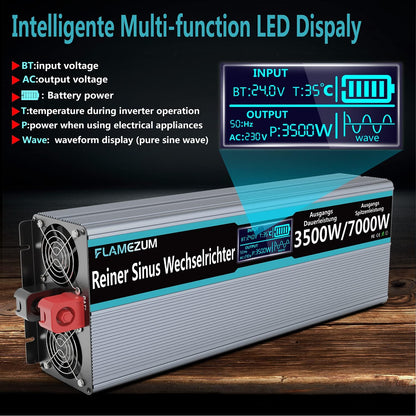3500W Zuivere Sinus Omvormer 24V naar 230 V Spanningsomvormer Power Omvormer Converter met LCD-scherm,Afstandsbediening,2 EU AC-Stopcontacten & 2 USB-poorten Voor Auto, Caravan,Boot, Camping