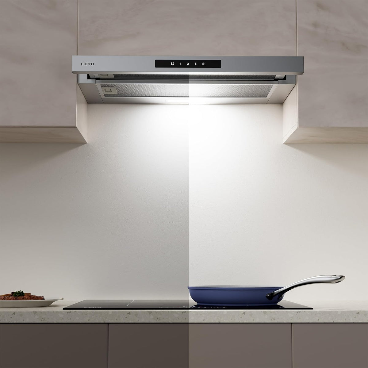 CIARRA CBCS6909A A+ afzuigkap 60cm, 600 m³/h,3 standen, geïntegreerde platte afzuigkap, met CBCF055 actieve koolfilter, zilver - QUORE