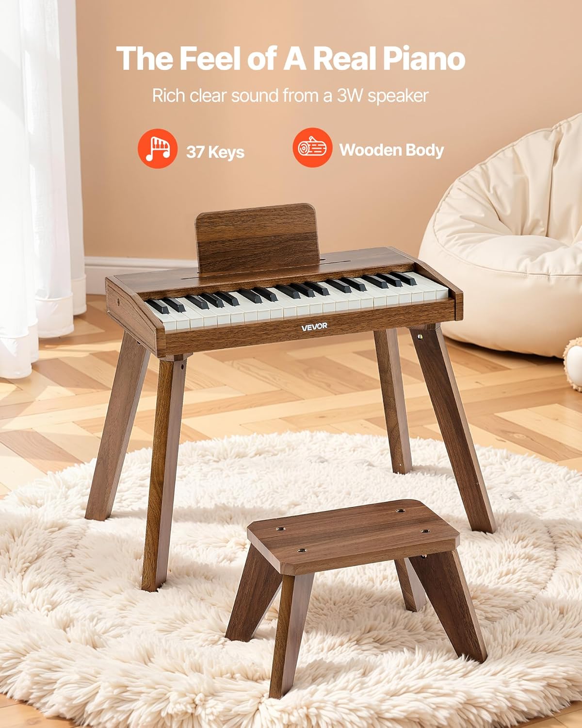 Toetsenbord Voor Kinderen Walnoot – Kinderpiano – Speelgoedpiano – Houten Piano – Mini Piano – 37 Toetsen – USB-C En Batterijen