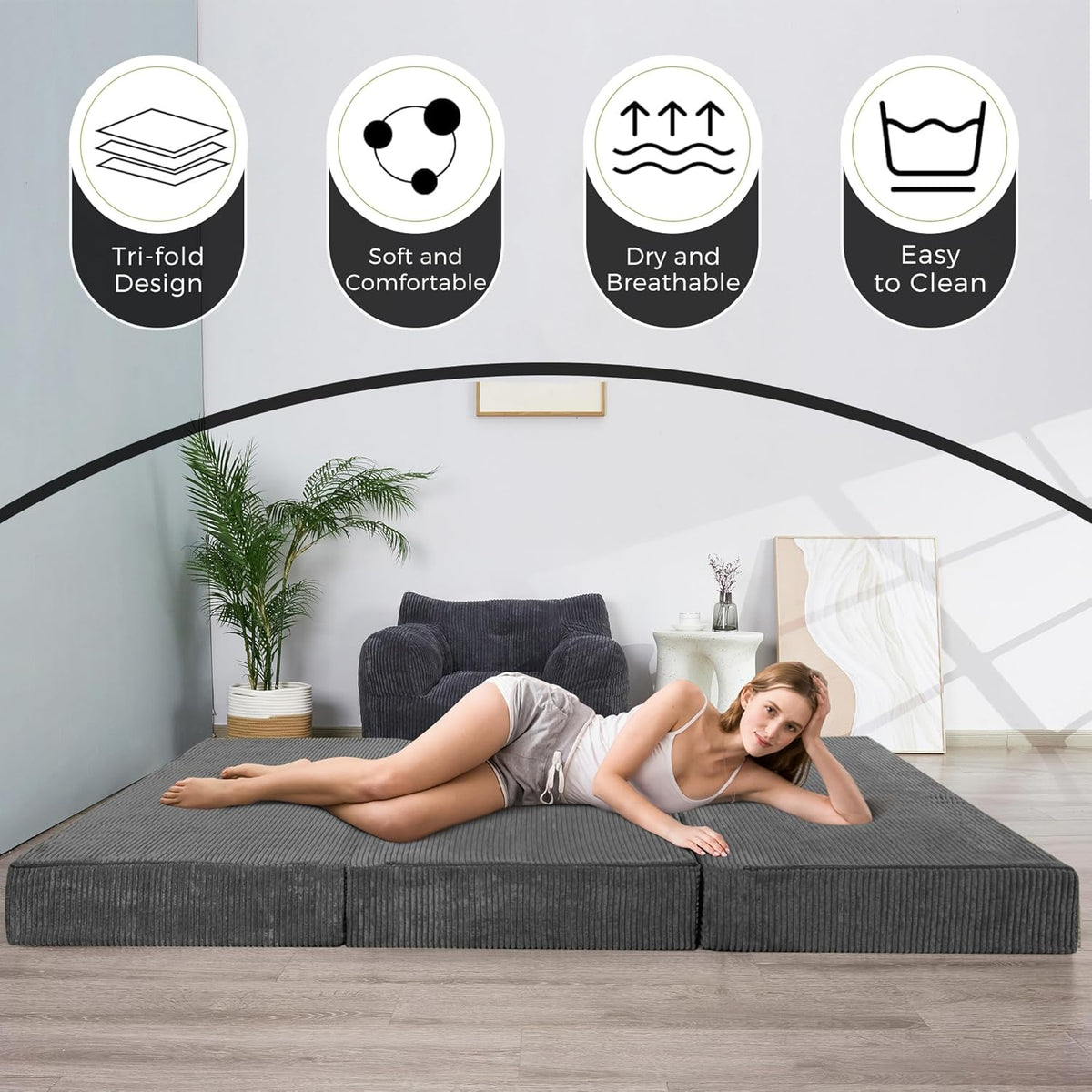 MAXYOYO Vouwmatras van corduroy, drie-laags, 10 cm dik, met wasbare overtrek, drievoudig opvouwbaar, ruimtebesparend voor gasten (antraciet, 150 x 200 cm)