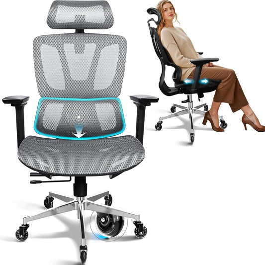 Bureaustoel – Ergonomische Stoel – Gamingstoel – Bureaustoel Thuiswerk – Werkstoel – 4D-armleuningen – Verstelbare Zitdiepte – Hoge Rugleuning – Mesh Stof – Geschikt Tot 150 kg – 4-traps Kantelvergrendeling – Rubberwielen