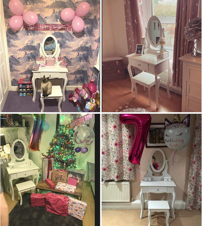 Runesol Meisjes Kaptafel met Spiegel en Krukje, Childrens White Wooden Kids Vanity Table met Kristallen Knoppen Childs Dressing Table Set voor een Kind, Kinderen in de leeftijd van (8-13)