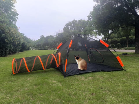4-in-1 Kattentent - Kattenverblijf - Kattententen - Opvouwbaar - Draagbare Catiotent - met Koepeltent - Tunnelen - Tenten - Buitenkattenbox - voor Katten - Konijnen - Andere Dieren - Nylon - Zwart/Oranje