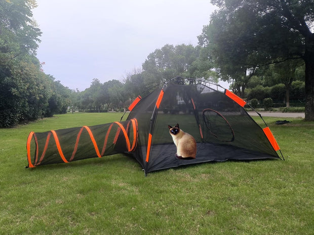 4-in-1 Kattentent - Kattenverblijf - Kattententen - Opvouwbaar - Draagbare Catiotent - met Koepeltent - Tunnelen - Tenten - Buitenkattenbox - voor Katten - Konijnen - Andere Dieren - Nylon - Zwart/Oranje