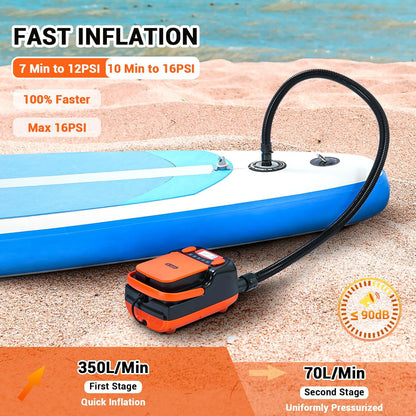 Dr.meter 6000 mAh oplaadbare elektrische SUP-pomp, SUP-pomp, elektrische accu met auto-off, kan 4 SUP's oppompen, 2 USB-aansluitingen en 3 LED-lampjes voor SUP-boards, boten, tenten, kajak