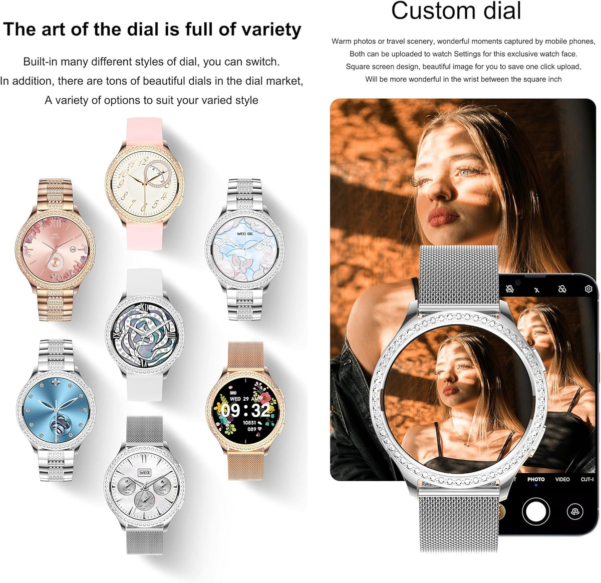 Smartwatch Dames met Bluetooth Bellen, 1.32'' Smartwatch met Diamant, IP68 Waterdicht Smart Watch, 123 Sportmodi, Muziekspeler, Hartslagmonitor, SpO2, Smartwatches voor Android iOS (Zilver)