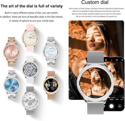 Smartwatch Dames met Bluetooth Bellen, 1.32'' Smartwatch met Diamant, IP68 Waterdicht Smart Watch, 123 Sportmodi, Muziekspeler, Hartslagmonitor, SpO2, Smartwatches voor Android iOS (Zilver)
