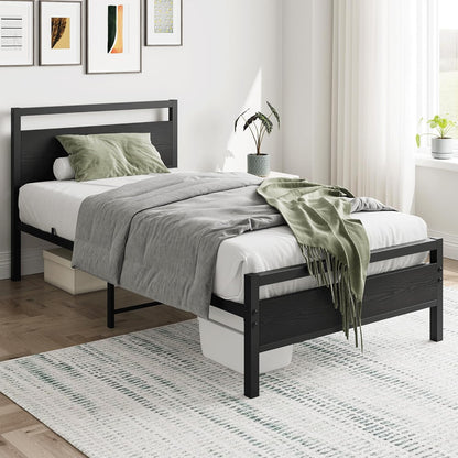HOJINLINERO Bedframe 90 x 200 cm, bedframe van metaal, hout, eenpersoonsbed, metalen bed, 90 x 200 cm, met lattenbodem, logeerbed, tienerbed 90 x 200 cm met opbergruimte, opbergbed, bed frame, zwart