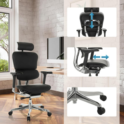 hjh OFFICE Ergonomische Ergohuman Gen2 Bureaustoel, ergonomisch design, bureaustoel met flexibele lendensteun, gevoerde zitting, zwart leer