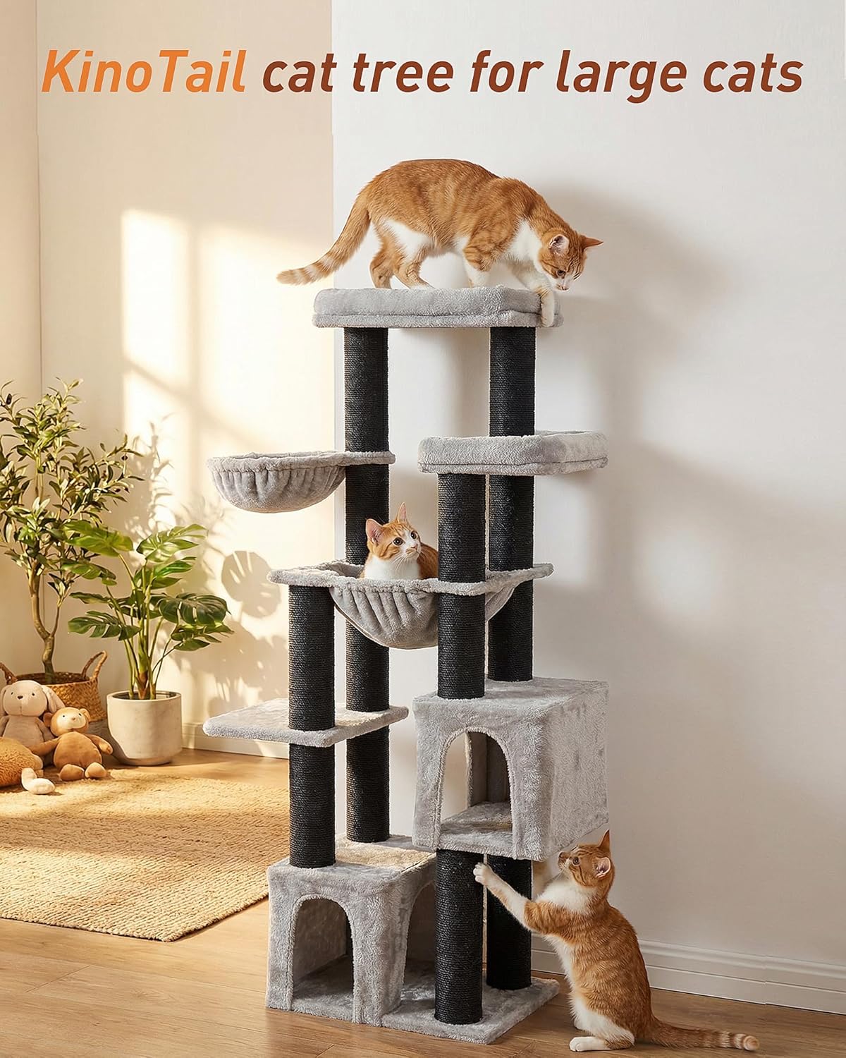 Krabpaal groot, 164 cm krabpaal voor grote katten, stabiel met 11 cm D-stammen, 2 hangmatten, 2 pluche platforms, 2 holletjes, meerlaagse kattenboom voor grote katten zoals Maine-Coon-kat