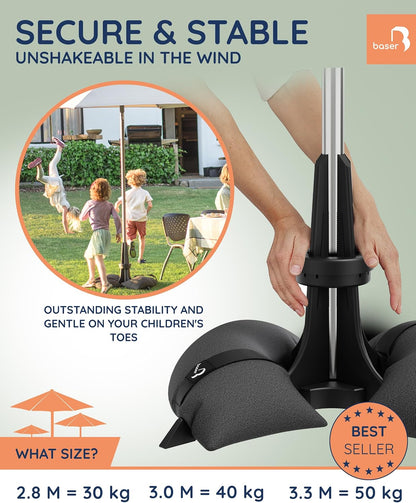 BASER Heavy Duty Parasolvoet Parasolstandaard – Vulbare Zandzakken tot 50kg voor Parasol tot 3,5m – Gerecyclede Parasolhouder voor 38-58mm Mast, Zwart