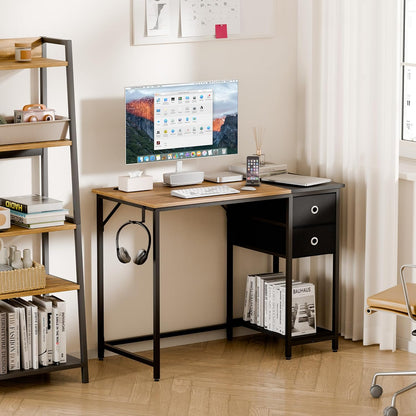 Mondeer Computerbureau, bureau met 2 laden en opbergplank links of rechts, 100 x 50 x 76 cm, industriële stijl, thuiskantoor werkstation studie, rustiek bruin en zwart