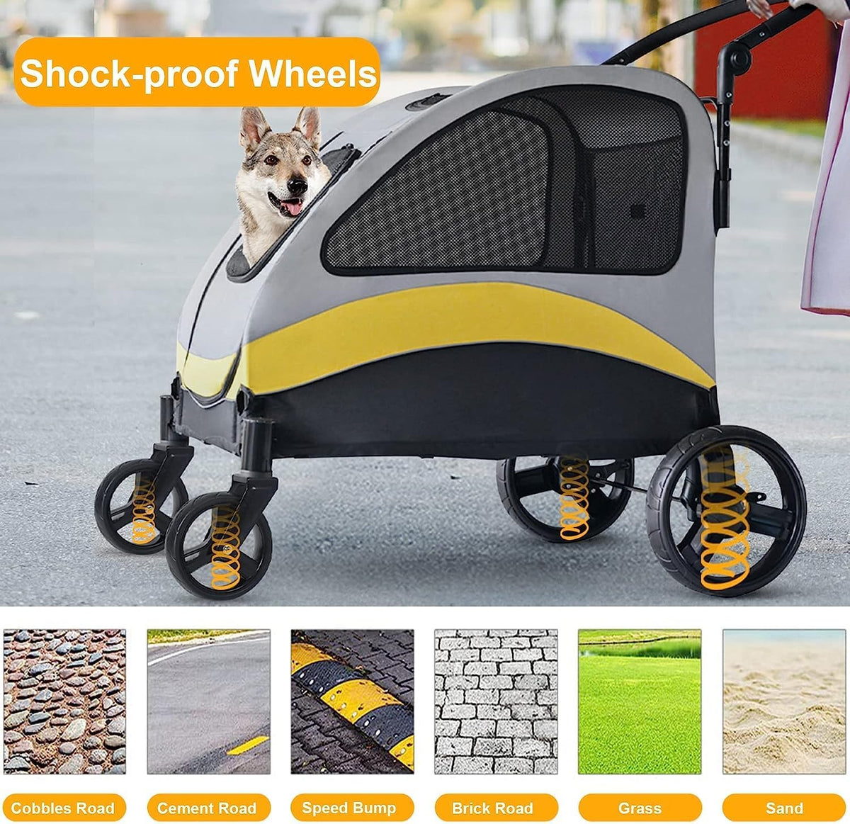 BingoPaw Heavy duty hondenwagen voor zware grote honden: opvouwbare hondenbuggy, tot 42 kg, hondenbuggy met 4 wielen, 3 netramen, verstelbare handgreep
