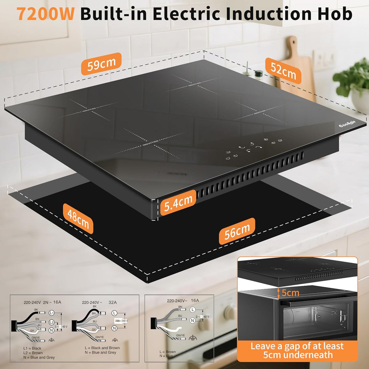 Inductiekookplaat, 4 platen, inbouw kookplaat, 60 cm, 7200 W, individuele touch, boost-functie, veiligheidsvergrendeling, timer, geen stekker, 230 V