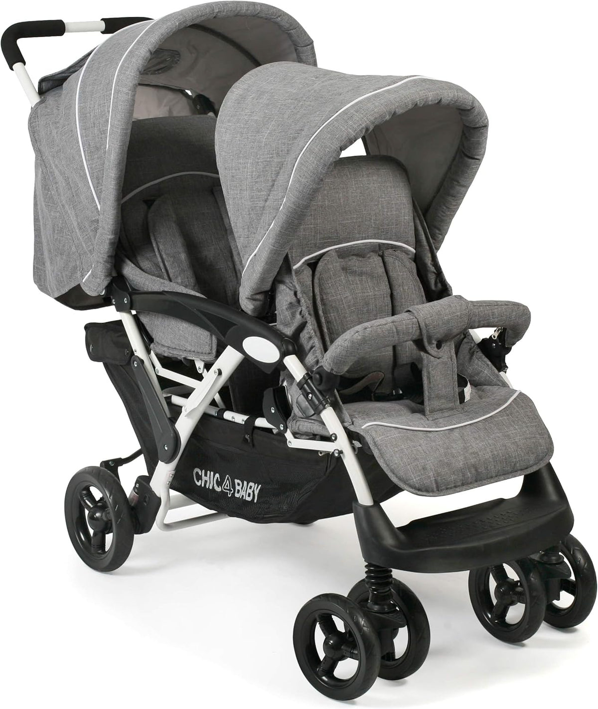 CHIC 4 BABY - Duo broers en zussen met draagtas en regenbescherming, broers en zussen kinderwagen voor twee kinderen, tweelingwagen, twinningsbuggy, tandembuggy, kinderwagen, jeans grijs