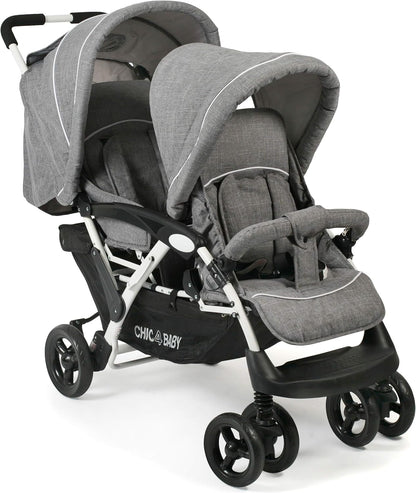 CHIC 4 BABY - Duo broers en zussen met draagtas en regenbescherming, broers en zussen kinderwagen voor twee kinderen, tweelingwagen, twinningsbuggy, tandembuggy, kinderwagen, jeans grijs