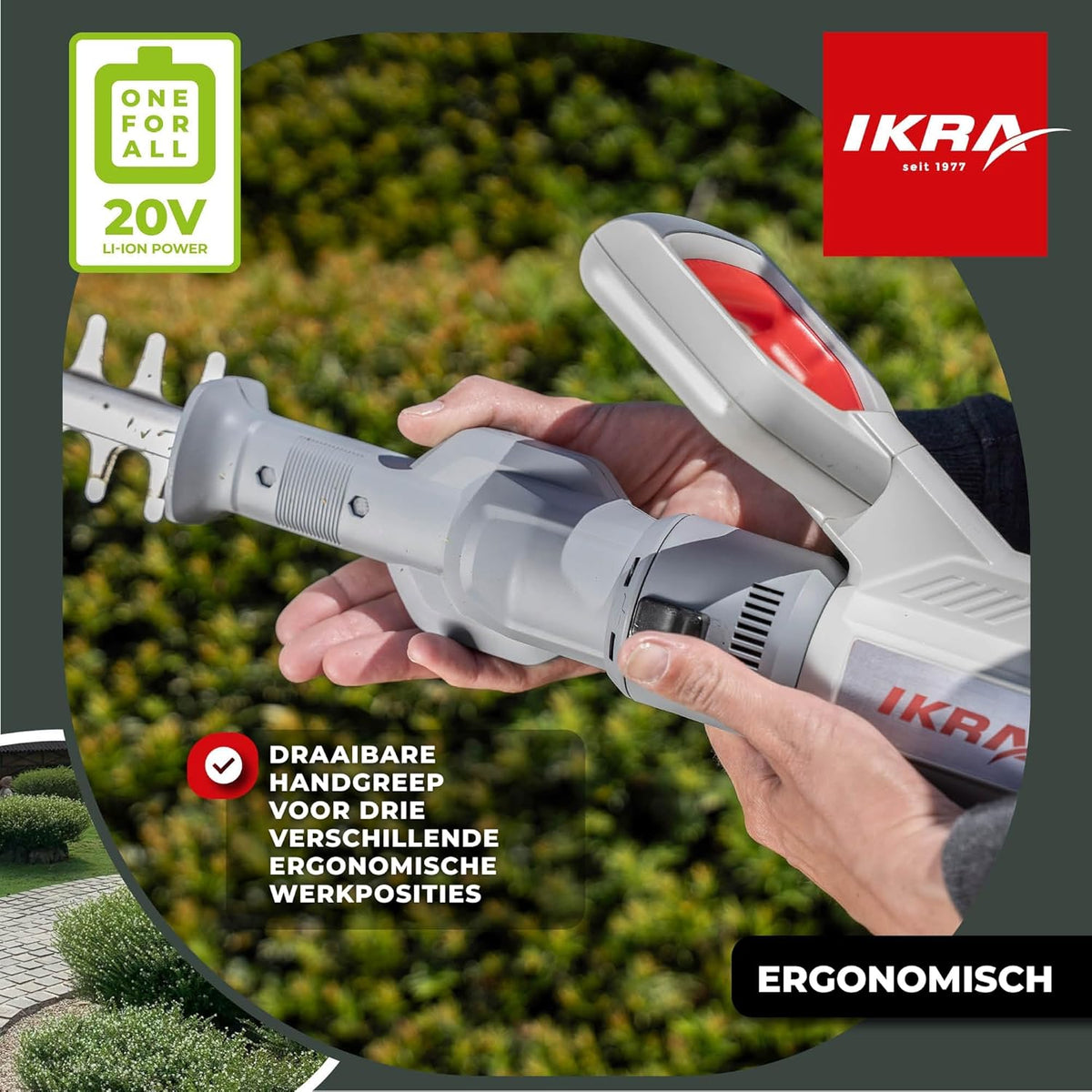 IKRA 2in1 heggenschaar zonder kabel ICPH 2050 met telescoopsteel voor hoge heggen, incl. 20V accu, laadstation & schouderriem