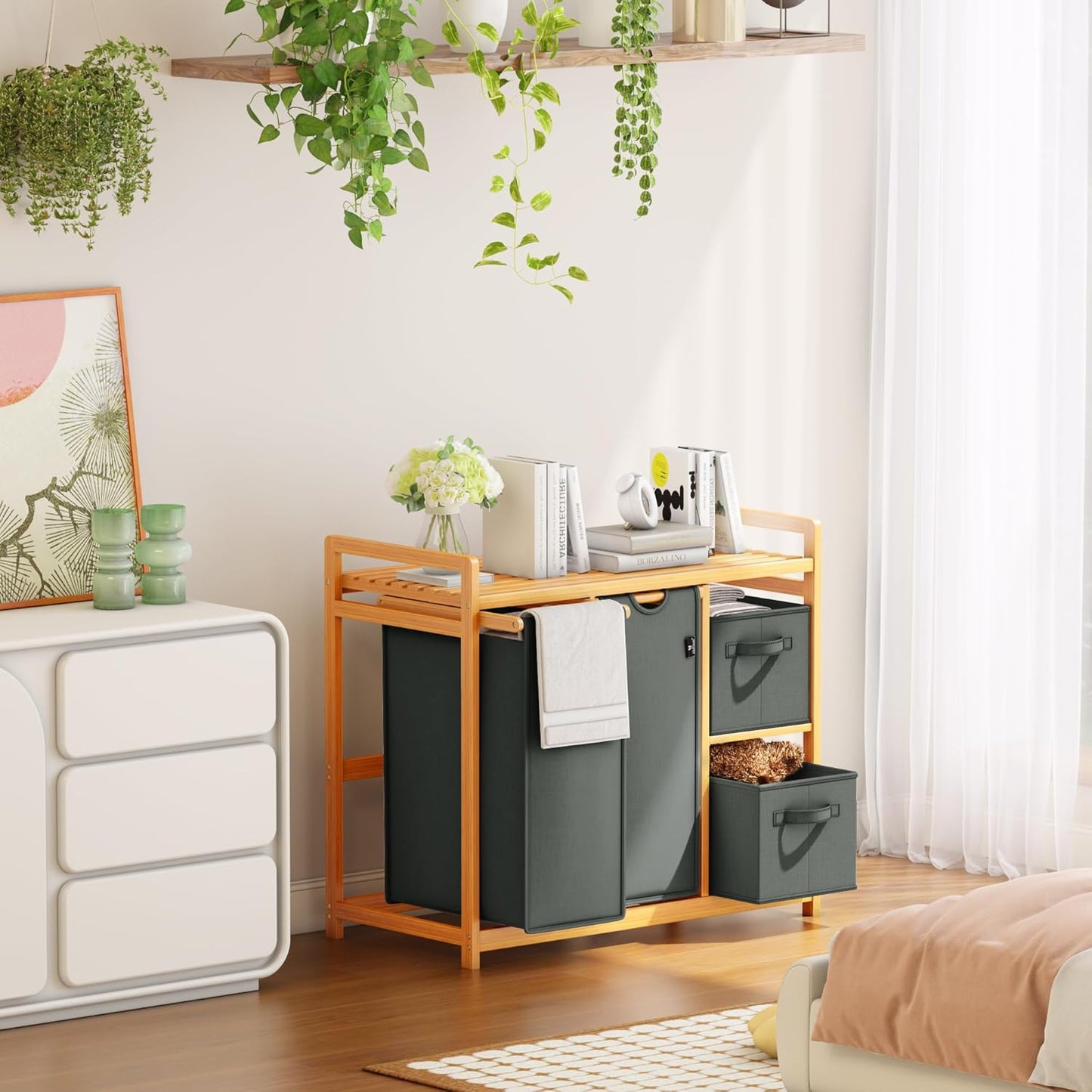ADEL DREAM Wasmand, 4 vakken, wasverzamelaar, 140 liter, wasboxen met mand, wassorteerder met 2 waszakken en 2 stoffen boxen met plank, waszak, bamboe, wasrek, wasbox, laundry basket, donkergrijs
