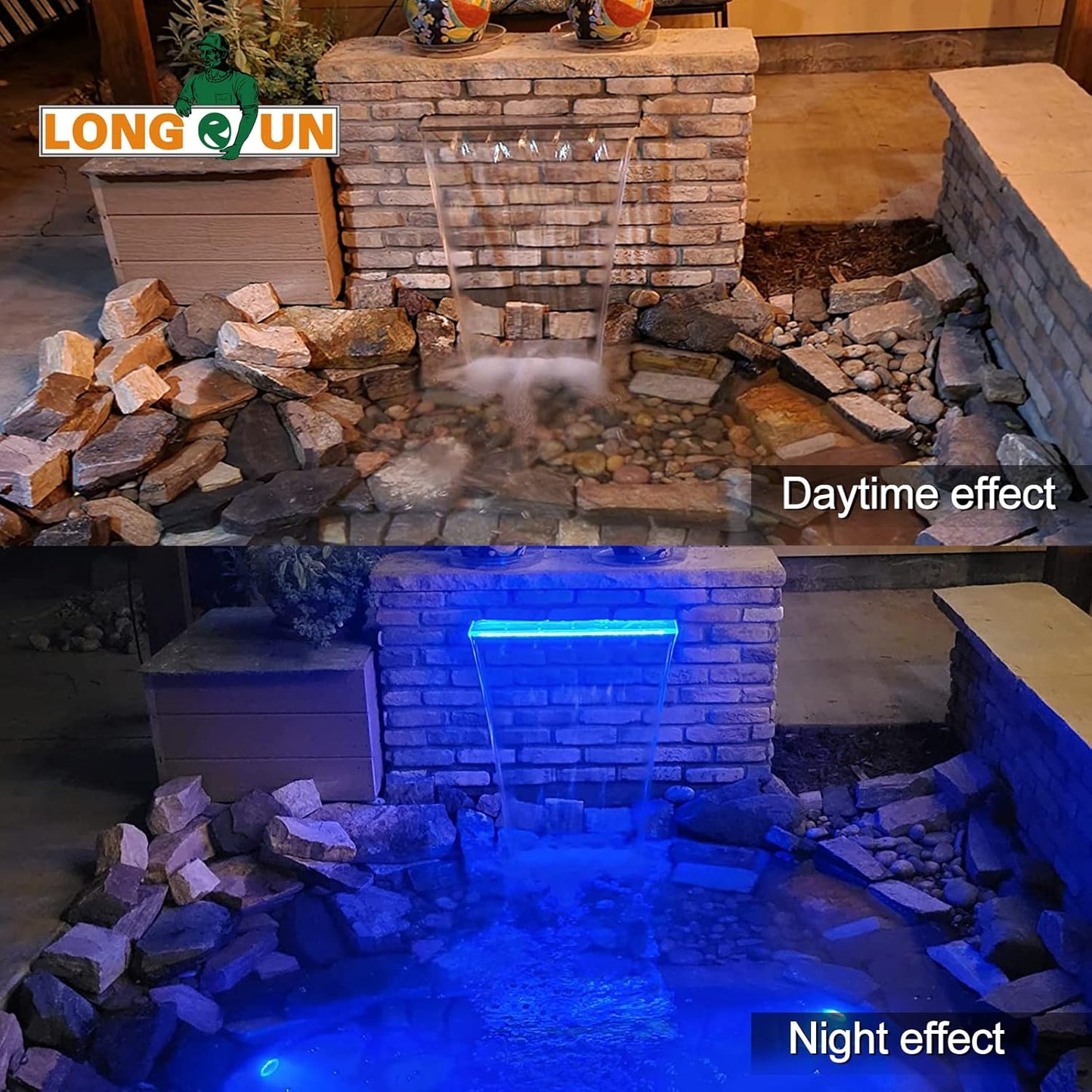 LONGRUN Zwembad Waterval Fontein, 30cm Vijver Watervallen Cascade, Acryl waterval Blad met 7 kleuren LED-licht, Compleet Waterval en Stroom Kits voor Buiten Tuin Vijver Zwembad Waterpartijen