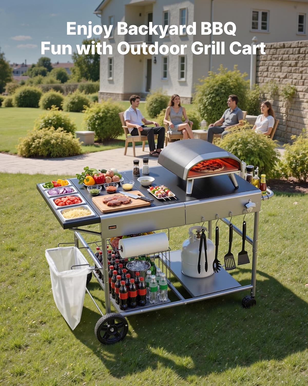 VEVOR Barbecuewagen voor buiten, 925 x 595 x 25 mm (tafelbladgrootte), oprolbare grilltafel met 4 kruidenbakjes & wielen en deksels en haken, barbecue-bereidingstafel, serveerwagen voor picknickkeuken
