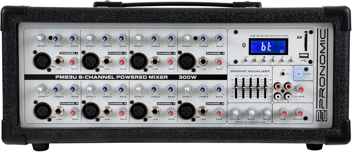 Powermixer 8-Kanaals – Mengpaneel – Mengtafel – PA-Mixer – Versterker – 300W/4 Ohm – USB/SD/Bluetooth MP3-Speler