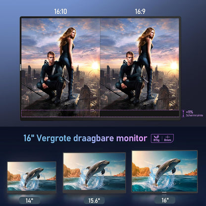 2.5K Draagbaar Monitor, 144Hz | 16" | 500Nits | QHD | HDR | 100% sRGB, FreeSync, IPS Eye Care Draagbare Sscherm, Gaming Monitor voor Laptop/PC/MacBook/Phones/Tablet/PS5/4/Xbox/HDMI/USB C