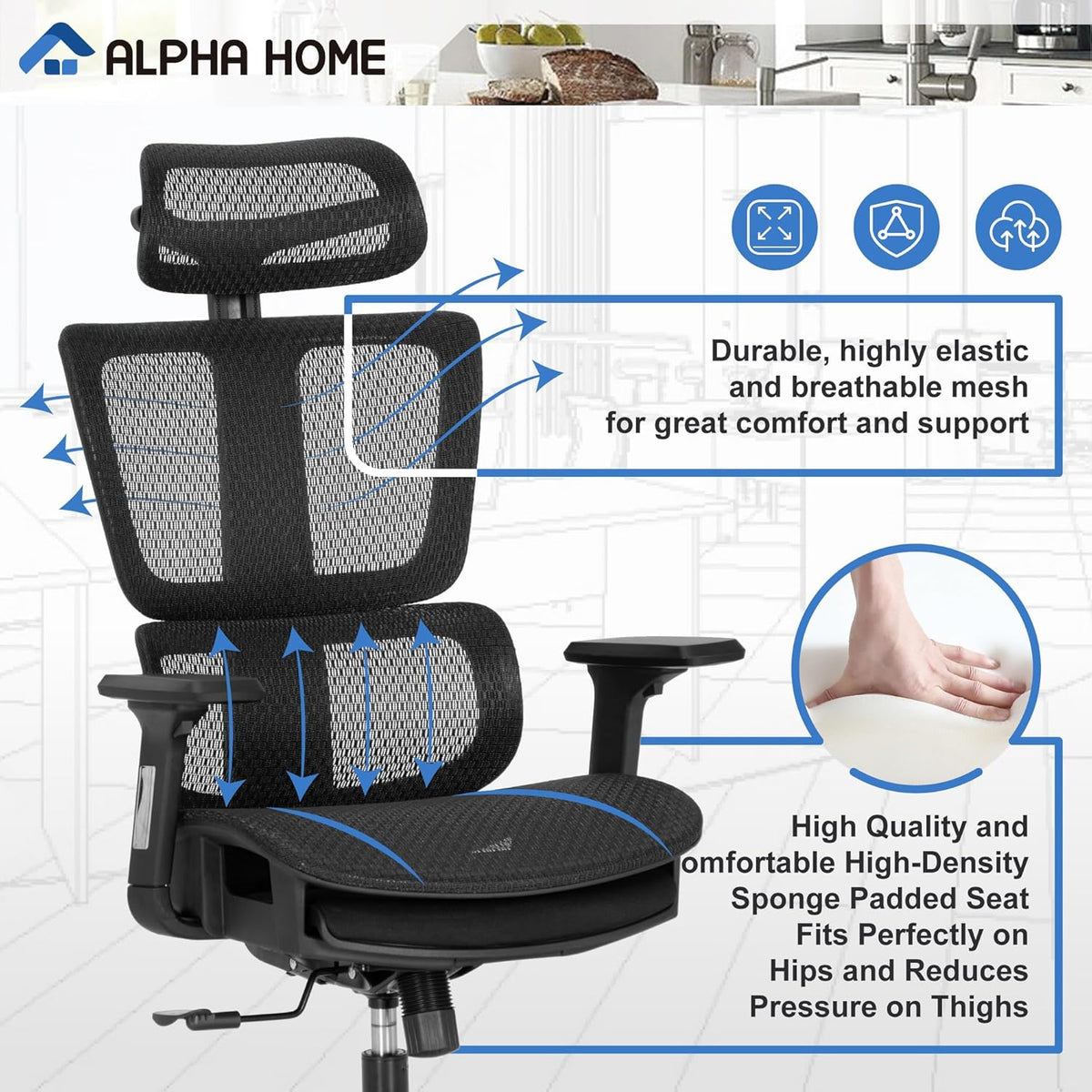ALPHA HOME Office Chair Ergonomic Office Chair with Retractable Footrest High Back Manager Chair Computer Home Office Chair 90-130° Tilt Angle with 3D Armrest, Adjustable Headrest, Lumbar Support