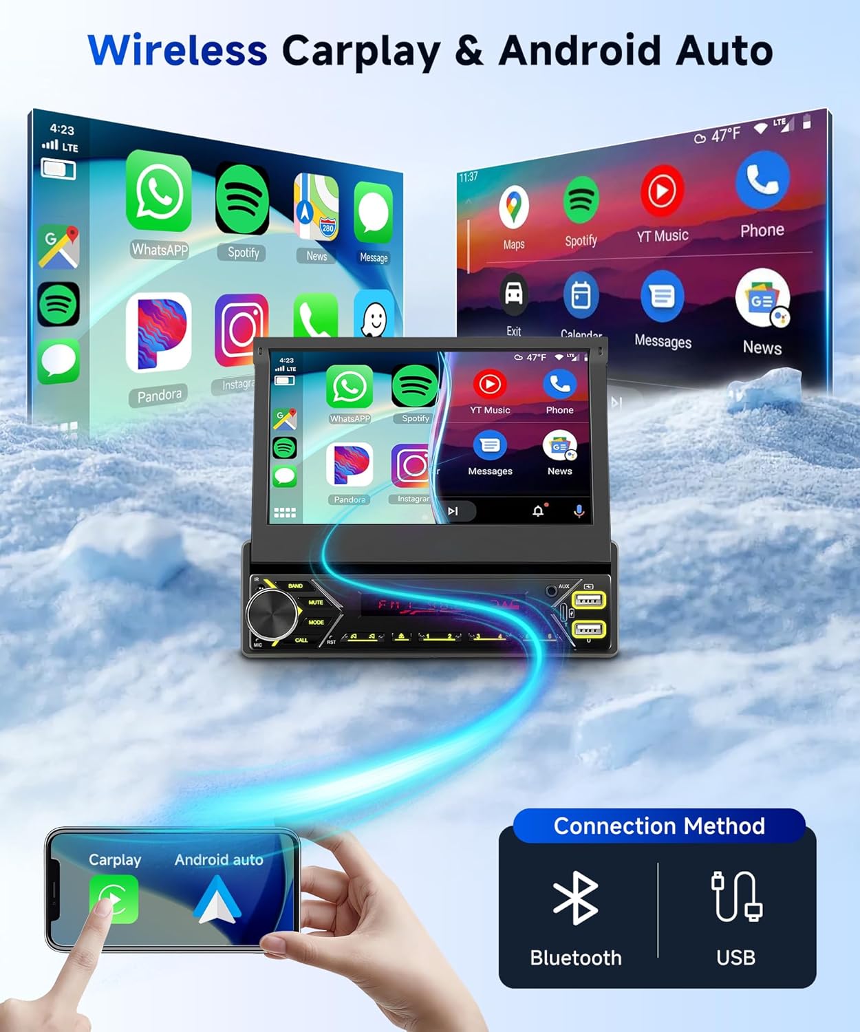 Hodozzy Dab Carplay autoradio, 1 din, draadloos, Android auto, met automatisch display, intrekbaar, 7 inch, autoradio, bluetooth, touchscreen met spiegel/FM/USB/AUX/TF+achteruitrijcamera