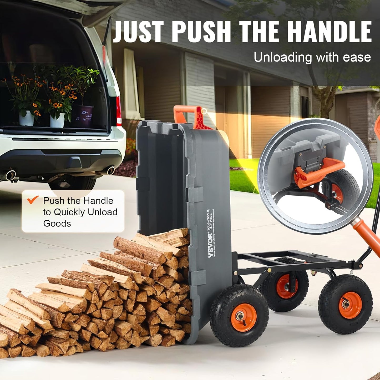 VEVOR 800 lbs Poly Dump Tuin Cart, Heavy Duty Yard Dump Cart Wagon, 4 wiel kruiwagen met 10" banden, 180 ° draaibare handgreep, stalen frame en Quick Release System