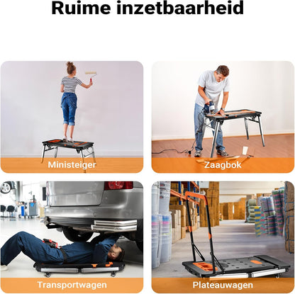 Wiltec werktafel 7-in-1 multifunctionele werkbank als zaagbok werkplatform rolplank transportwagen handkar ligkar trolley steiger van aluminium staal plastic met remmen en haak