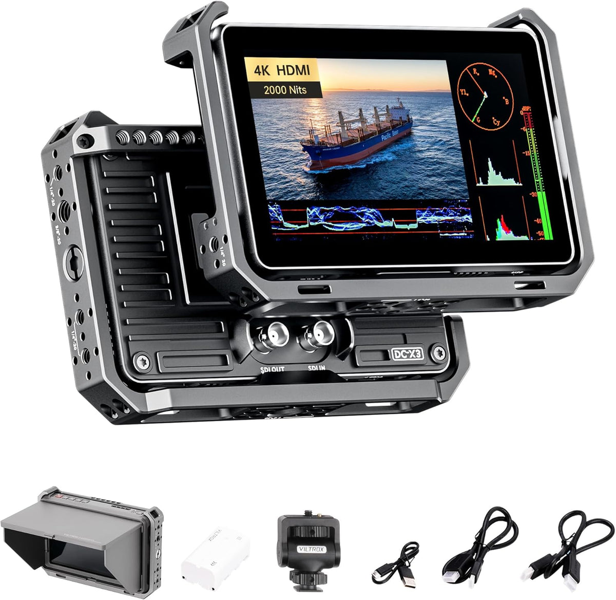 VILTROX DC-X3 Camera Monitor Kit met Rig Cage, 2000 Nits Touchscreen 4K HDMI, 6" IPS, 1920x1080, 3D LUT's, Peaking Focus, Zonnescherm kap, Batterij