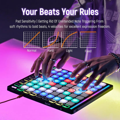 Synido TempoPAD Z-1 Beat Maker MIDI-controller met 64 Beat Pads voor muziekproductie, USB-midi-controller met eenvoudige modus voor beginners