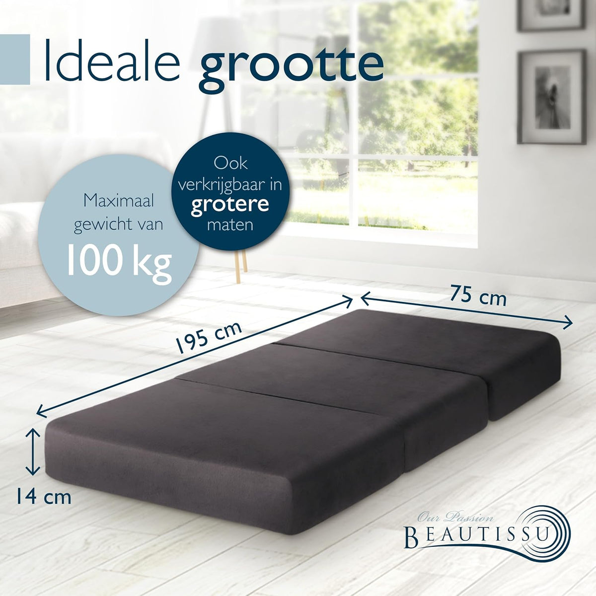 Beautissu Premium L Vouwmatras 75x195 cm inkl. Hoes Wasbar – Opvouwbaar Gastenmatras Logeermartas Extra Dik 14 cm Traagschuim Matras H3 – Eenvoudig Transport & Hoog Slaapcomfort – Antraciet
