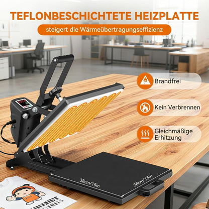 Warmtepers, 38 x 38 cm, transferpers, platte verwarmingspers voor T-shirts, transferpers, industriële digitale sublimatiemachine voor sublimatie op T-shirts voor doe-het-zelf (zwart)
