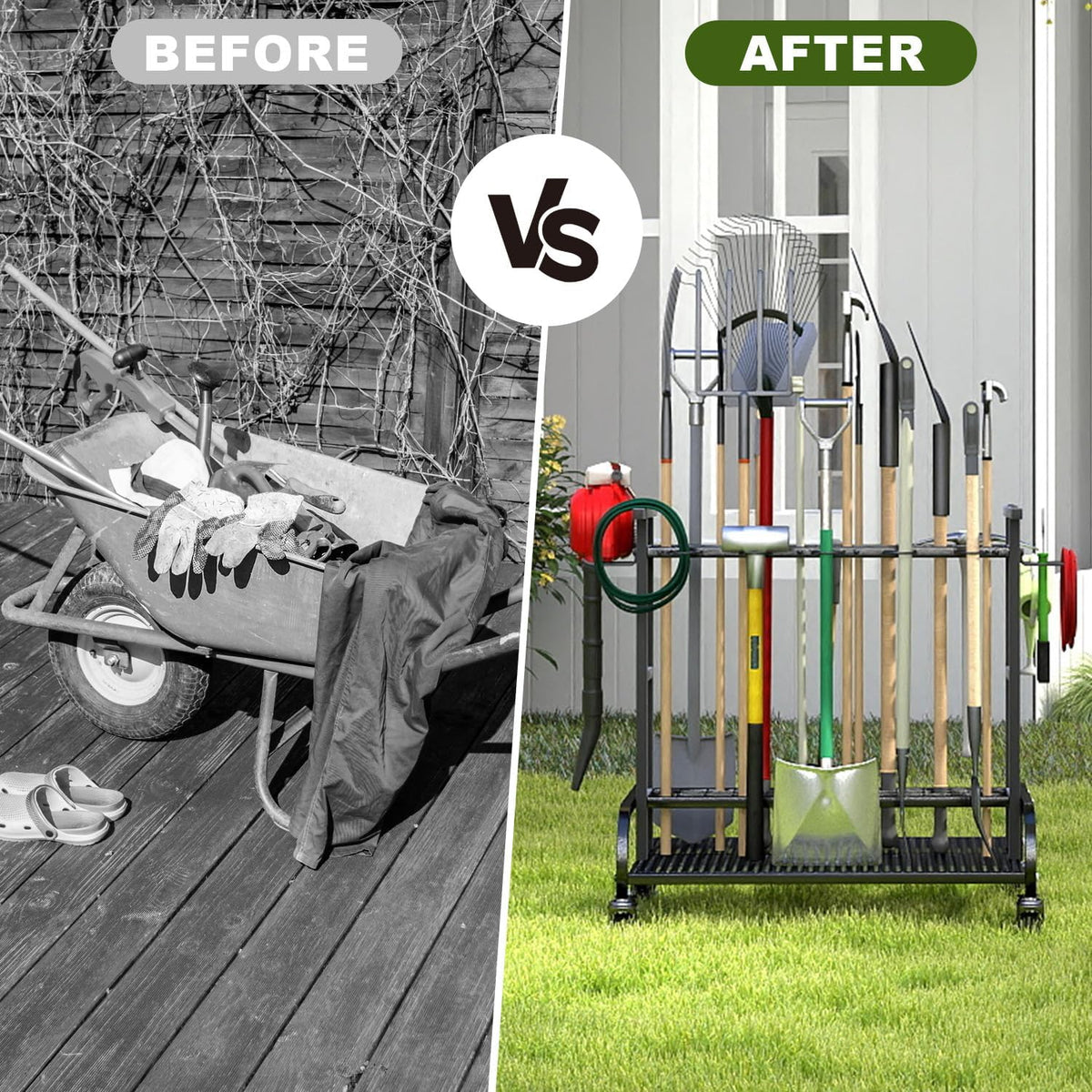 tonchean Opbergorganizer voor tuingereedschap, 360 ° draaibare tuingereedschap, torenrek, trolley met wielen, 3-laags gereedschapshouder, standaard, plank voor garage, tuin, gazon, werkplaats