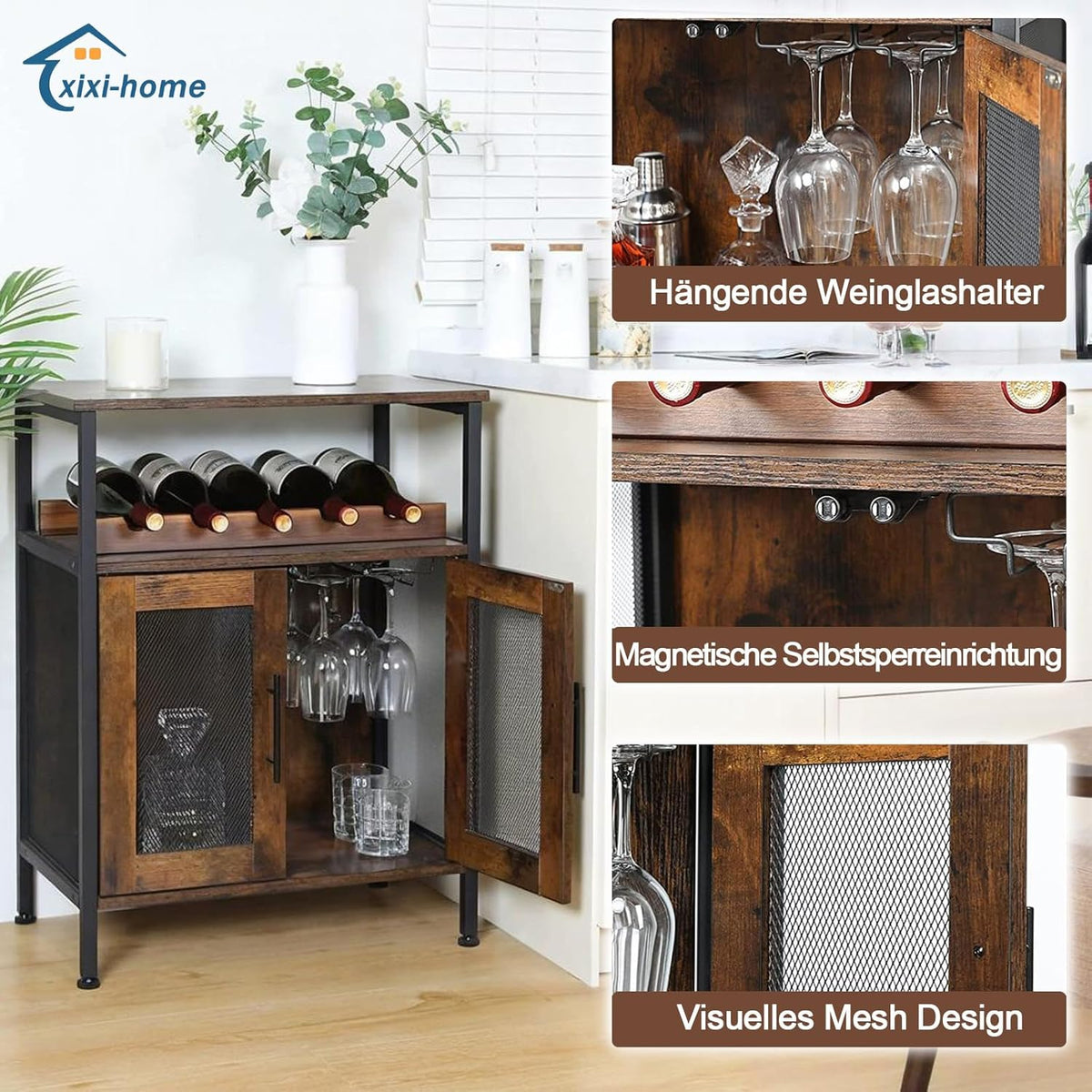 Wijnkast, hoekkast, industriële wijnkasten van hout, vrijstaande wijnrekken, voor keuken, bar, restaurant, enz., type A